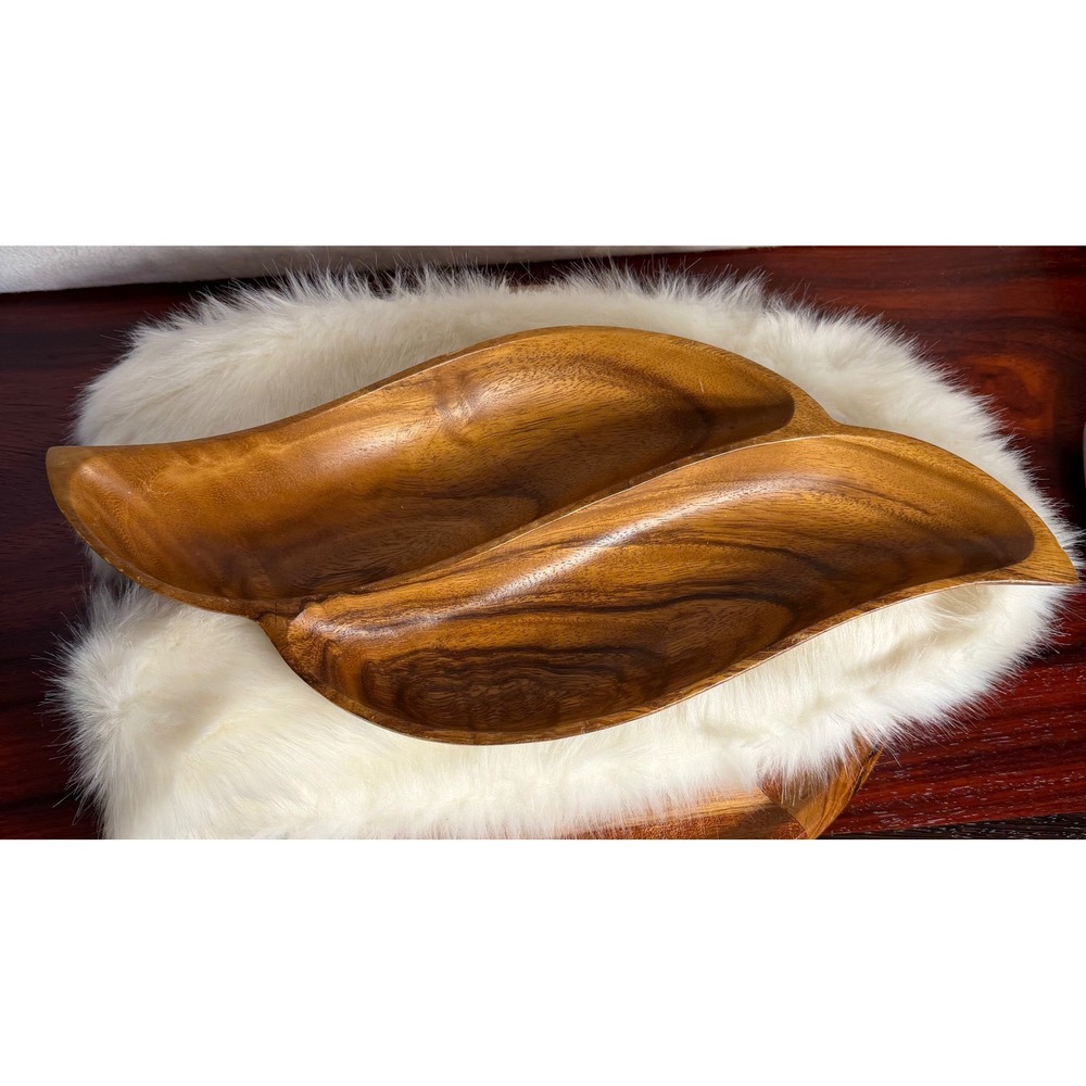 Leilani Hand Crafted Monkey Pod Wood Divided Serving Bowl Leaf Shape Vintage